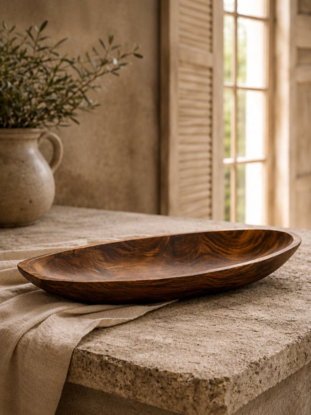 Large Carved Wood Rustic Canoe Tray Bowl